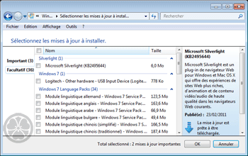 Windows Update - Mises à jour facultatives - Sélectionner les mises à jour à installer (il n'est jamais recommandé de tout installer les yeux fermés)